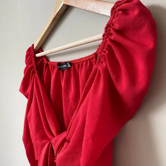 PrettyLittleThing Women's Size 2 Puff Long Sleeve Tie Bow Crop Top Blouse Red - Picture 9 of 16